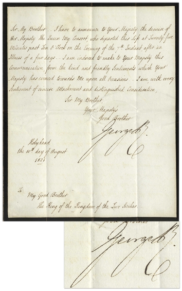 George IV Letter Signed as King -- Announcing the Death of His Estranged Wife Caroline of Brunswick